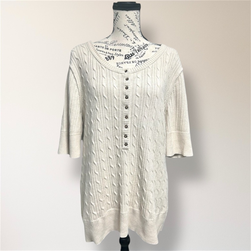 Eddie Bauer Womens XXL Beige Cable Knit Button Henley Sweater Tunic Short Sleeve